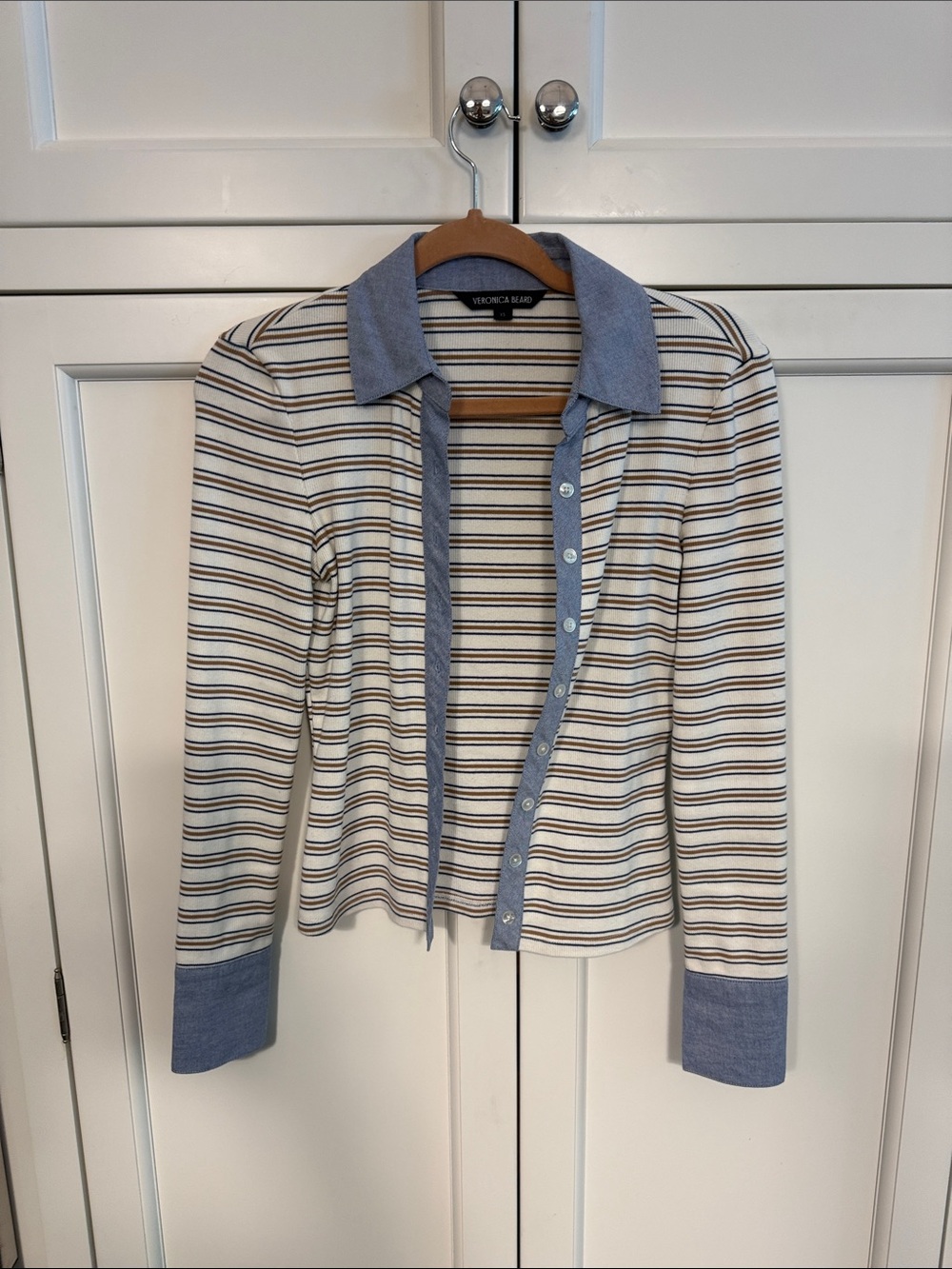 Veronica Beard Cream and Navy Striped Cardigan with Blue Chambray Trim
